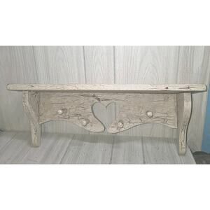 Vintage Heart Cut Out Wooden Wall Shelf White Washed Shabby Chic Pegs Heritage